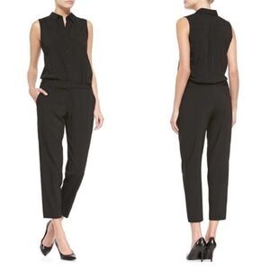 Theory Yariby Jumpsuit Black Sleeveless Pants Collared Button Down Pockets Sz 2